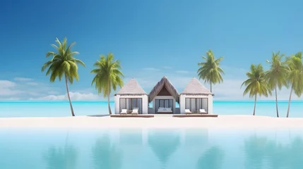 Poster Tropical minimalistic mockup. Luxury panoramic view at exotic resort on turquoise seascape background. villas on beautiful beach on the ocean © Ziyan