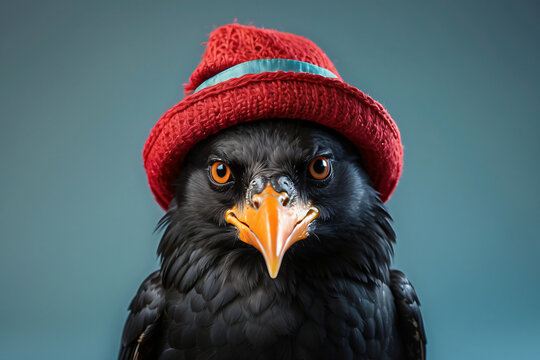the crow wears a red hat