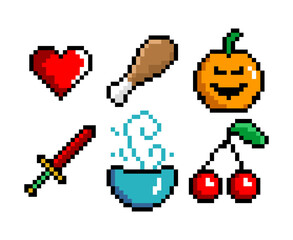 8-bit pixel graphics icon set. evil pumpkin heart meat potion cherry. Game assets. Isolated vector illustration