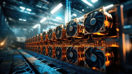 Blur background. Bitcoin and others cryptocurrencies mining farm