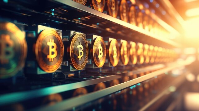 Blur background. Bitcoin and others cryptocurrencies mining farm