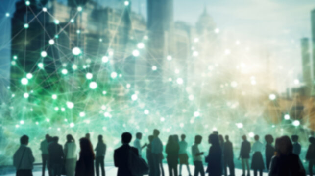 View of a crowd with a network of connections, blurred background. Smart city - Powered by Adobe