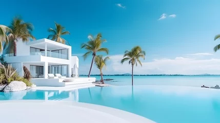  Tropical minimalistic mockup. Luxury panoramic view at exotic resort on turquoise seascape background. villas on beautiful beach on the ocean © Ziyan