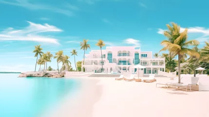 Fototapeten Tropical minimalistic mockup. Luxury panoramic view at exotic resort on turquoise seascape background. villas on beautiful beach on the ocean © Ziyan