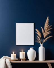 Frame mockup poster on dark wall background. Elegant living room interior with large white poster. Stylish home decor. Template.