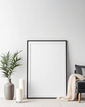Frame mockup poster on white wall background. Elegant living room interior with large white poster. Stylish home decor. Template.