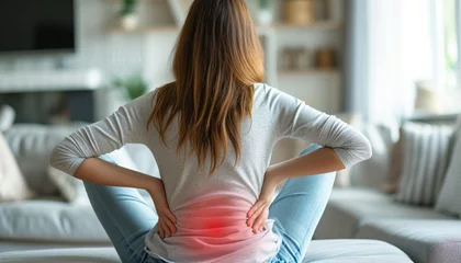 Fotobehang A girl holding on to her lower back pain in Baku, the girl's painful place on her back is highlighted in red colour © Alina Zavhorodnii