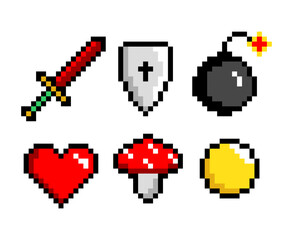 8-bit pixel graphics icon set. sword bomb, heart and gold coin. Game assets. Isolated vector illustration.