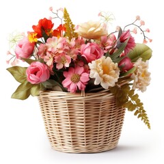 Wicker basket with beautiful spring flowers on white background