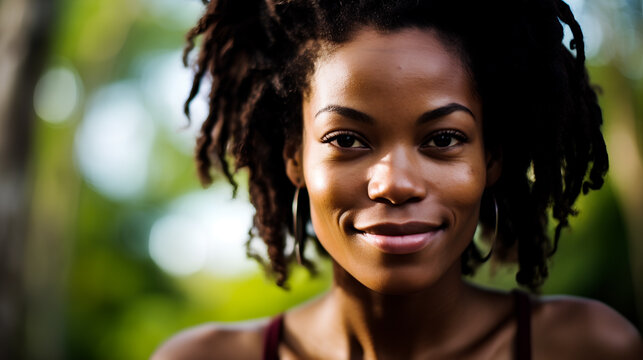 Portrait of a young African American woman with a radiant smile, outdoors with a blurred natural background - generative AI