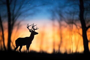 silhouette of deer against fiery forest night sky