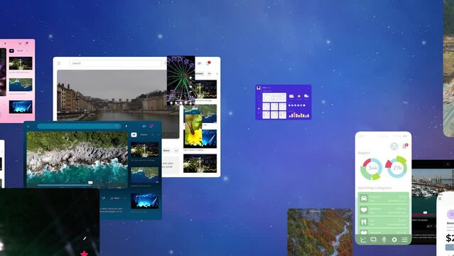 Multiscreen Background Visualization of Big Data, Reels, Viral Videos, AI Networking, and Mobile Tablet Users' Interaction