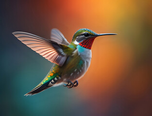 fliegender kleiner Kolibri mit rotem Hals - obrazy, fototapety, plakaty