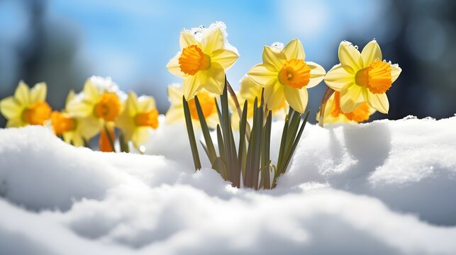 Yellow daffodils break through the snow cover and spring awakens the concept of nature