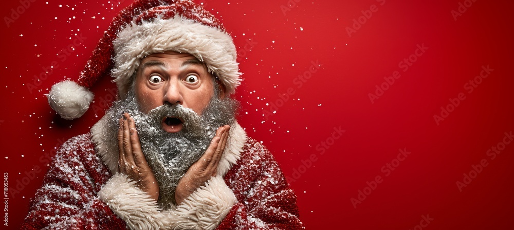 Poster startled santa claus with open mouth, isolated on red background with space for text placement