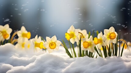 Yellow daffodils break through the snow cover and spring awakens the concept of nature