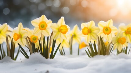 Yellow daffodils break through the snow cover and spring awakens the concept of nature
