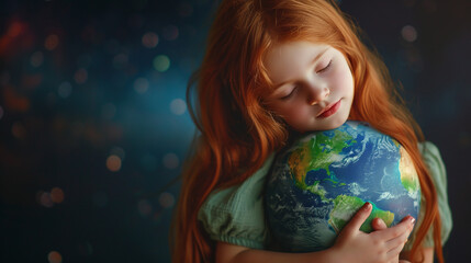 Naklejka premium Little girl holding planet Earth. 