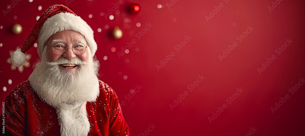 Poster jolly santa claus on red background with copy space for text placement, christmas concept
