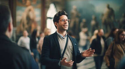 Tour guide at the museum, portrait on blurred background