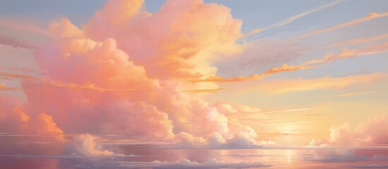 As the sun set, casting hues of pink and orange across the horizon, a beautiful sky unfolded, adorned with fluffy white clouds and a gentle breeze. - obrazy, fototapety, plakaty