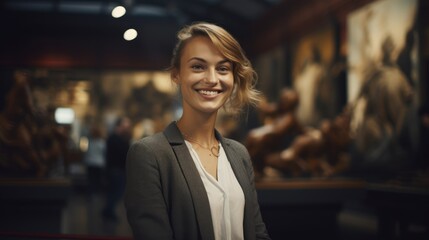 Tourist at the museum, portrait on blurred background, art museum