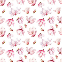 Seamless pattern of watercolor spring blooming magnolia flowers, floral pattern on white background