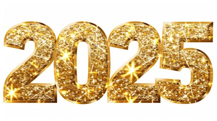 Golden metallic symbol of year 2025 isolated on white background for new year celebration