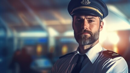Handsome man wearing airplane pilot uniform. Airplane pilot portrait - obrazy, fototapety, plakaty