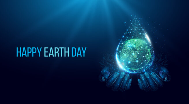 Happy Earth Day concept. Two human hands are holds Planet Earth in water drop. Protection environmental, Ecology concept. Futuristic modern abstract background. Vector illustration.