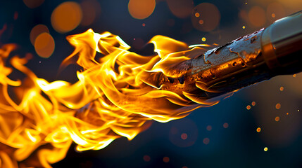 Burning Olympic torch close up, Flaming Olympic baton against a dark bokeh background. Vivid Olympic flame, a symbol of sportsmanship and peace. Close-up of a fiery Olympic torch, a beacon of hope - obrazy, fototapety, plakaty