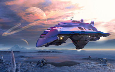 Gigantic galactic cruise ship hovering over an alien planet