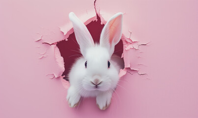 Obraz premium A white rabbit pokes its head out of a hole in pink paper, background, panorama with space for your text