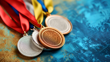 Set of medals on blue, symbolizing sports achievements. Gold, silver, and bronze medals for champions. Set of sports medals ready for winning athletes