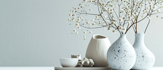 Handmade ceramic dishes and vases with flowers on the table, making ceramics web banner with copy space