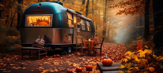 Cozy mobile home or rv camping in fall forest with table set, family travel concept
