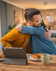 adult happy couple man and woman shopping online hold credit card