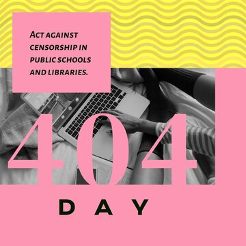 Composition of 404 day text over african american woman using laptop on yellow and pink background