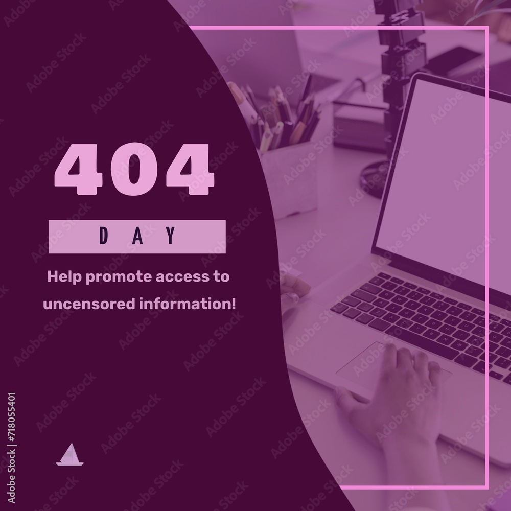 Aufkleber composition of 404 day text over hands using laptop with copy space on screen