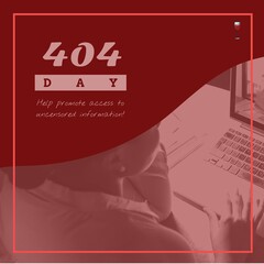 Composition of 404 day text over african american woman using laptop
