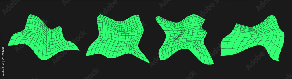 Poster set of distorted cyber grids. cyberpunk geometry element y2k style. isolated green mesh on black bac