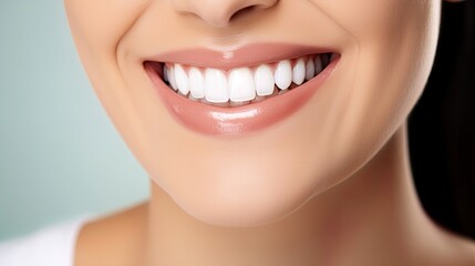 Obraz premium Beautiful female smile after teeth whitening procedure. Dental care. Dentistry concept.