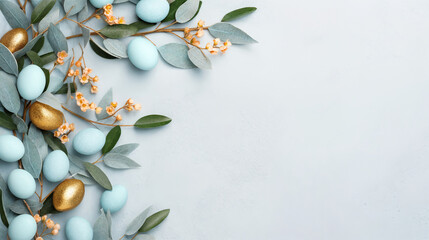 Easter background with blue eggs, eucalyptus branches and flowers. Space for text. AI generative