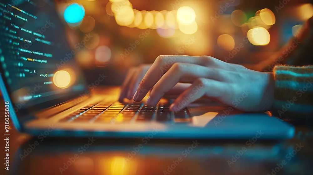Poster close up of hands typing on laptop with blurred background and space for text placement