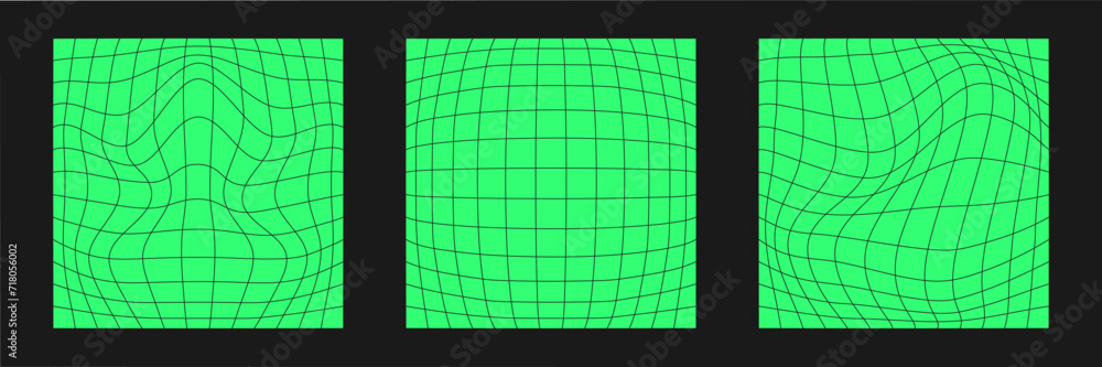 Poster set of distorted cyber grids. cyberpunk geometry element y2k style. isolated green mesh on black bac