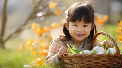 Happy Easter. the Asian child is looking for painted eggs in the grass on a sunny day. happy childhood
