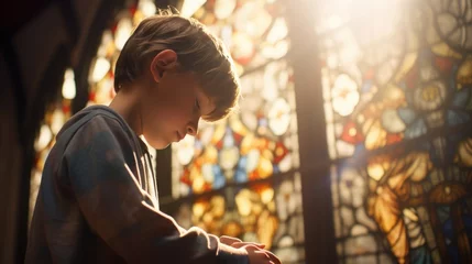 Fotobehang baby's first communion in church. a child prays near a stained glass window. faith Hope. kid folded his hands in prayer © Svetlana