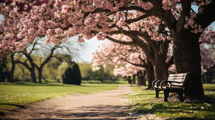 Blossoming cherry trees in the park, springtime, vintage style.  AI Generative