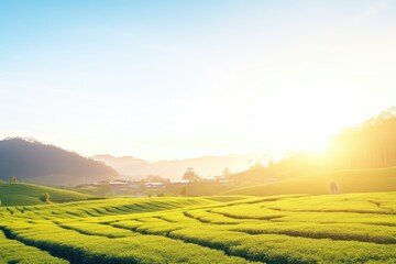 panoramic view of tea plantation with clear sky at golden hour
