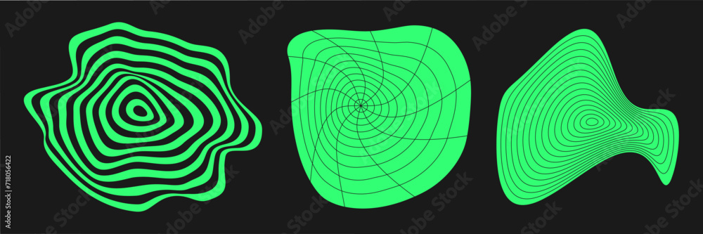 Poster set of distorted cyber grids. cyberpunk geometry element y2k style. isolated green mesh on black bac